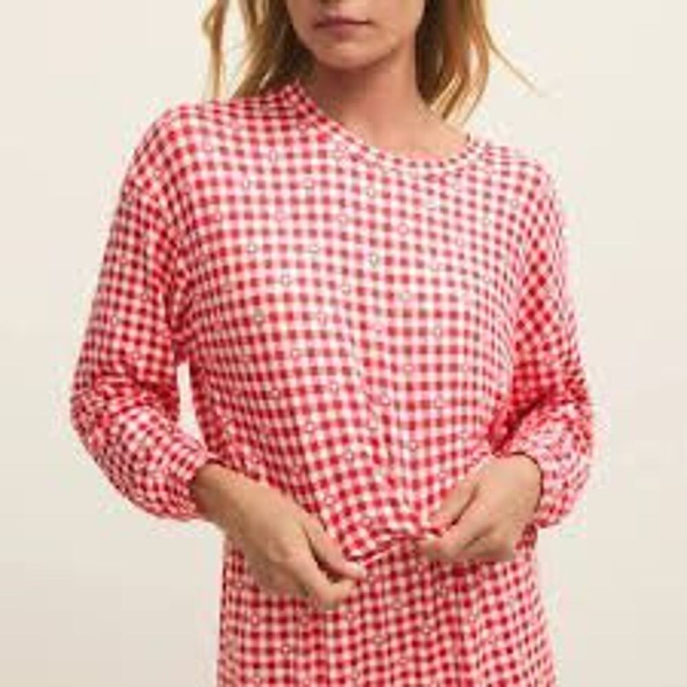 Z Supply Red White Gingham Check Lightweight Crewneck Sweater L